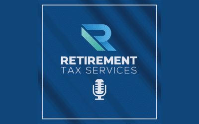 Logo for Retirement Tax Services: blue gradient square with an 'R' symbol, the text RETIREMENT TAX SERVICES, and a microphone icon.